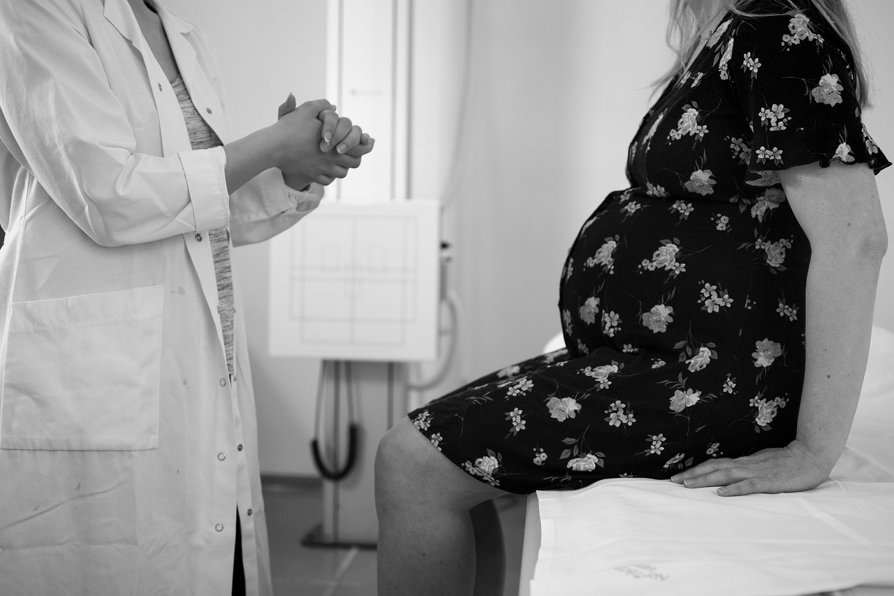 Provider standing and pregnant person sitting on exam table.